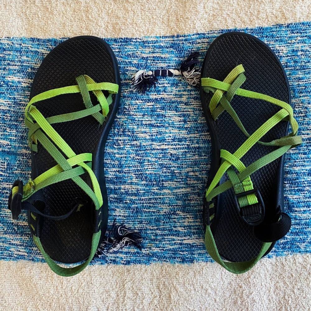 double strap green chaco sandals